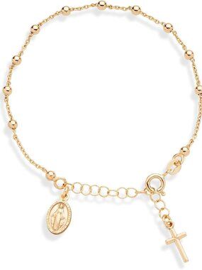 Elegant 18K Gold Plated Sterling Silver Italian Rosary Cross Charm Bracelet
